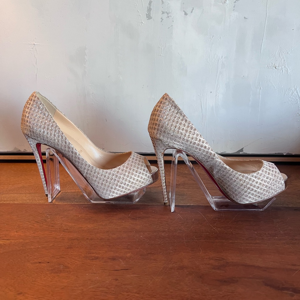 Christian Louboutin Silver Peep-Toe Heels Rose Color